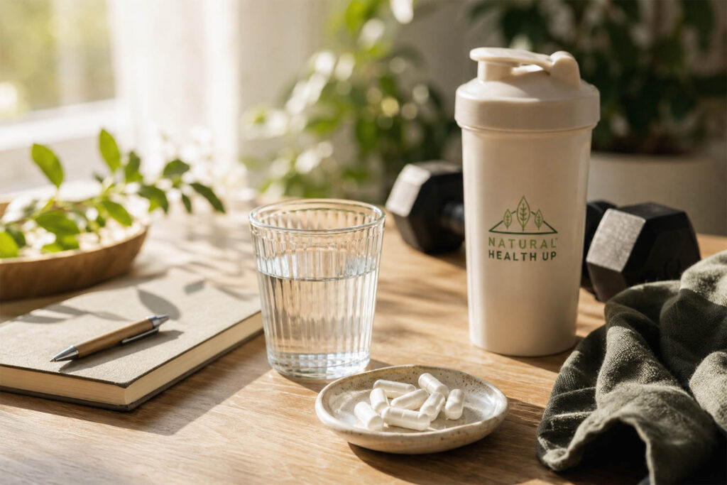 Rutina de suplementación natural con cápsulas, agua y material deportivo de Natural Health Up